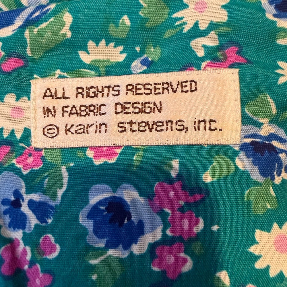 Vintage Karin Stevens teal floral dress short puff sleeve drop waist pleated 12 - Picture 8 of 8